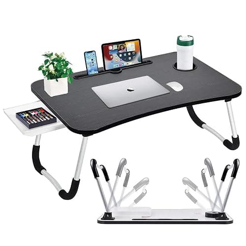 GEEZY Foldable Laptop Table with Drawer - MDF Wood Desk with Cup Holder, Tablet Slot, Anti-Slip Legs - Portable Laptop Desk Tray for Sofa, Bed, Work, Gaming, Eating, TV, Studying, Drawing and Crafts - Image 1