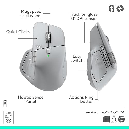 Logitech MX Master 4, Ergonomic Wireless Mouse with Advanced Performance Haptic Feedback, Ultra-Fast Scrolling, USB-C Charging, Bluetooth, Windows, MacOS - Pale Gray thumbnail 13