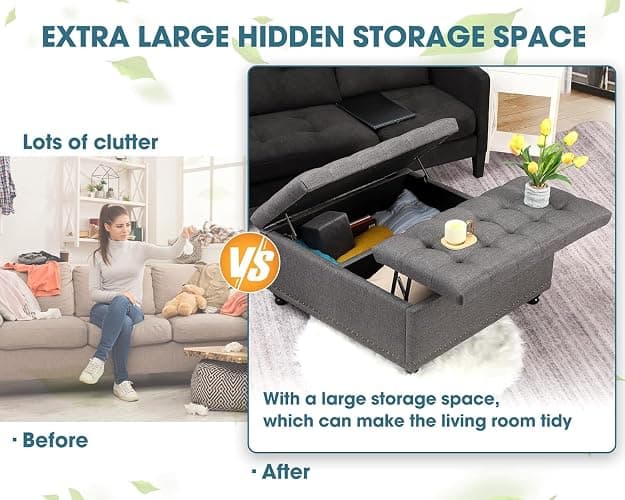 UTOASIS 35.5" Large Square Ottoman with Storage, Tufted Upholstered Storage Ottoman with Lift Top & Solid Legs for Bedroom Room, Extra Large Coffee Tables Bench for Living Room as Footstool (Grey) thumbnail 3