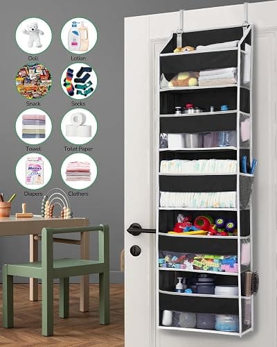ULG 1 Pack Over The Door Organizer – 5 Shelf Door Organizer Hanging & 10 Side Pockets, Reinforced 44LB Capacity Hanging Organizer, Behind The Door Storage for Bedroom, Nursery, Pantry (Black) - Black - 1 Pack thumbnail 4