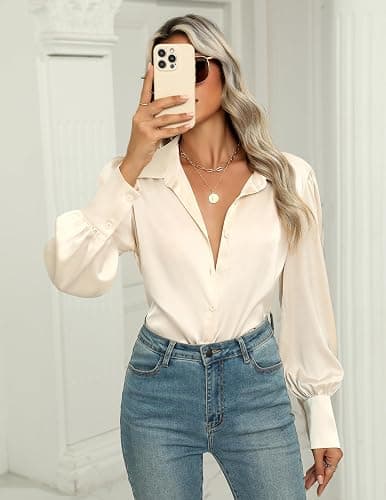 Zeagoo Womens Satin Blouse Lantern Long Sleeve Silk Button Down Shirt Dressy Casual Business Work Tunic Tops thumbnail 3