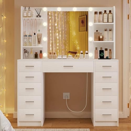 TEENFON Makeup Vanity with 11 Drawers, Vanity Desk with Mirror and Lights, 6 Shelves, 5 Jewel Hooks, Vanity Table with Power Strip for Bedroom, Livinng Room, White thumbnail 8