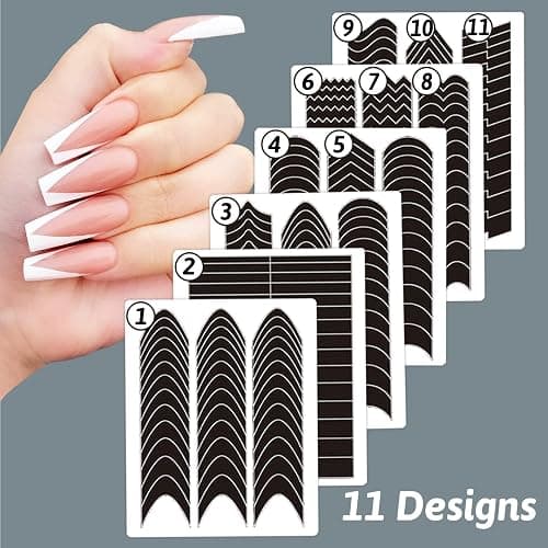 1422 Pcs French Tip Nail Guides, Self-Adhesive French Moon Shaped V-Shaped Manicure Strip Stickers for Edge Auxiliary Black DIY Decoration Stencil Tools(11 Designs, 36 Sheets) thumbnail 2