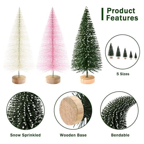 30Pcs Mini Christmas Trees Artificial Christmas Tree Bottle Brush Trees with Wooden Base for Christmas Decor Christmas Party Home Table Craft Decorations(Green+Beige+Pink) thumbnail 6
