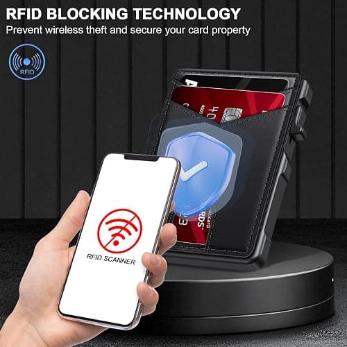 KIKVES Airtag Wallet for Men, Mens Smart Wallet for Air Tag RFID Blocking, Minimalist Bifold Pop Up Aluminum Credit Card Case Holder 12+ Cards with ID Window, Gift for Men, No Airtag Included, Black thumbnail 3