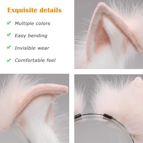 BNLIDES Handmade Fur Fox Wolf Cat Ears Headwear Women Men Cosplay Costume Party Cute Head Accessories for Halloween - Khaki White thumbnail 5
