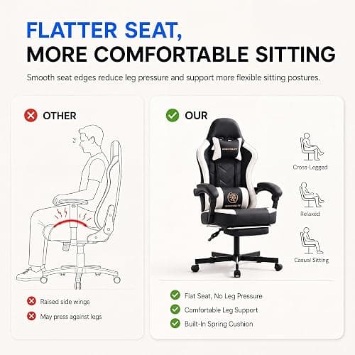 Kslysuty Desk Computer Gaming Chair - High Back Ergonomic Office Chair with Footrest and Lumbar Support, Swivel Comfy Home Gamer Video Game Chairs with Pocket Spring Cushion for Adults (White Leather) thumbnail 4