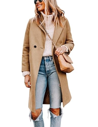 Tanming Women's Notch Lapel Double Breasted Wool Blend Mid Long Pea Trench Coat - Image 1