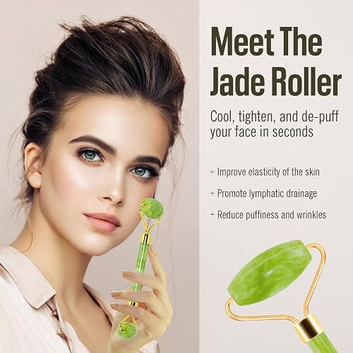 Disemot Jade Roller & Gua Sha Facial Tools, Natural Anti-Aging Jade Beauty Skin-Care Tool Face Roller to Rejuvenate Facial Skin Cooling, Slimming & Firming, Great as Stocking Stuffers thumbnail 3