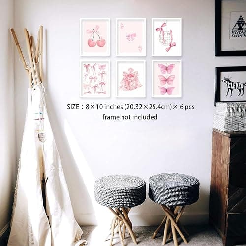 HNNXAR Coquette Trendy Preppy Poster Wall Art Set Of 6 Pink Bow Cherry Disco Ball Butterfly Canvas Picture Prints Decor Aesthetic For Girls Room College Dorm Apartment Bedroom 8x10 Unframed thumbnail 7