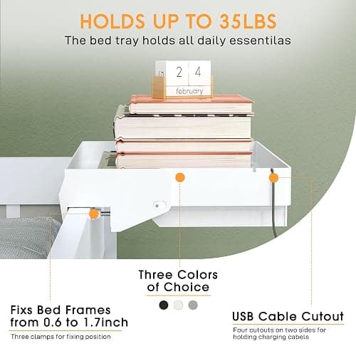 SPACELEAD Bedside Shelf for Bed – College Dorm Room Clip On Nightstand with Cup Holder & Cord Holder&Drawer – Bunk Bed Shelf for Organizer Top for Bedroom (White，Plastic) - White - Plus with drawer thumbnail 4