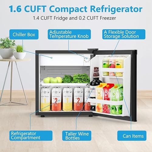 Electactic 1.6 Cu.ft Mini Fridge with Freezer, Compact Single Reversible Door Refrigerator, Adjustable Thermostat, Ultra Quiet, Energy Efficient for Office, Dorm, Bedroom, Apartment -Black - Black thumbnail 3