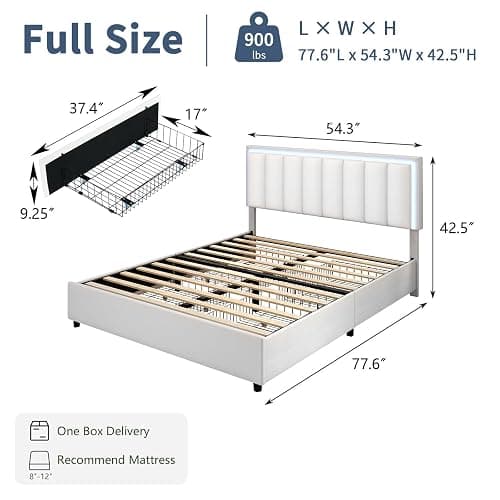 IMMERSTABLE Full Size Bed Frame with 4 Storage Drawers, Upholstered Bed Frame Full with LED Headboard, RGB LED Lights, Heavy Duty Wood Slat Support, No Box Spring Needed, Easy Assembly, White thumbnail 2