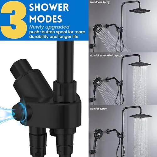 Ryamen Dual Shower Head Combo, 8'' High Pressure Rain Shower Head with Handheld Spray, 6 Settings Handheld Showerhead, 15" Height Adjustable Slide Bar, Angle Adjustable, Matte Black thumbnail 4