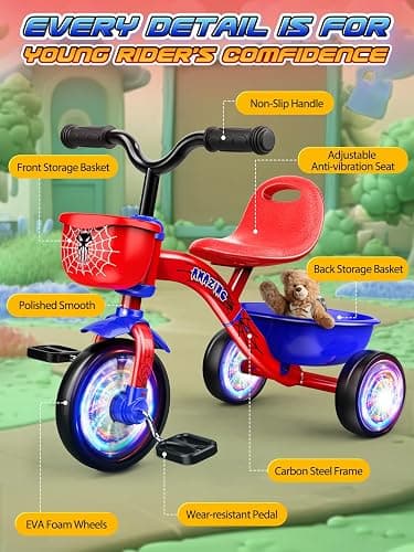 Tricycle for Toddlers 1-3 3-5 Year Olds, Spider Toddler Bike Baby Balance Bike with Colorful Lighting Wheels & Large Basket, Birthday Gift and Toy for 1 2 3 4 5 Year Olds Boys and Girls thumbnail 5