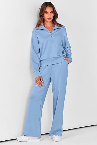 PRETTYGARDEN Women's 2 Piece Outfits Casual Lapel Half Zip Sweatshirts And Wide Leg Pants Tracksuit Sets thumbnail 2