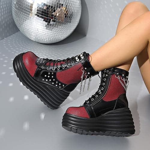 SONALOONG Goth Chunky Ankle Boots for Women - Bat Buckle DIY Platform,Zip Round Toe Lace Up Combat Bootie, Wedge Rave Boots Black Punk Shoes - Light Weight & Waterproof thumbnail 8