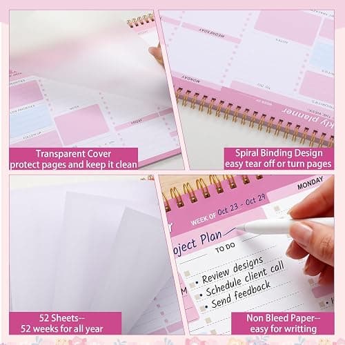 Weekly To Do List Notepad, 8.5''x11'' Weekly Desk Planner with 52 Tear Off Sheets Undated Weekly Planner, Office Accessories, College School Supplies & Essentials for Home & Work Productivity, Pink thumbnail 5