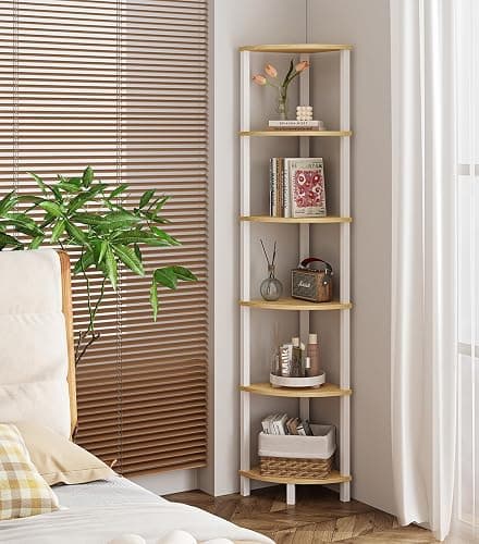 Corner Shelf, 6-Tier Corner Bookshelf, Industrial Corner Ladder Shelf, DIY Storage Shelves, Rustic Display Shelf for Living Room, Bedroom, Kitchen, Home Office, White and Nature Wood Color UJSJ004Q thumbnail 6