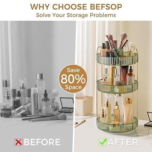 360° Rotating Makeup Organizer, Upgraded 3 Tier Skincare Perfume Organizers for Women, Bathroom Organizer Countertop, Clear Cosmetic Dresser Organizer with Makeup Brush Holder, Sink&Counter (Green) thumbnail 4