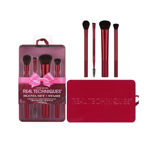 Real Techniques Blend, Set + Stash 5 Piece Holiday Makeup Brush Set with Storage Tin, Face & Eye Brushes for Foundation, Powder, Brows & Eyeshadow, Gift for Her, Cruelty-Free & Vegan - Image 1