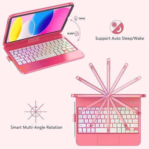 FUWANG Touch Keyboard Case for iPad A16 11/10th Gen, 360 Rotating, Hot Pink | Multi-Touch Trackpad, 7-Color Backlit, Pencil Holder, Keyboard for iPad A16 11th 11 inch 2025& 10th Generation 10.9 inch 2022 thumbnail 7