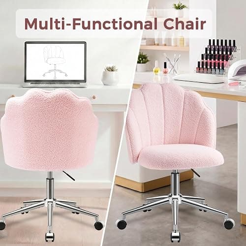 Eufurnibi Vanity Chair for Dressing Table with Wheels, Boucle Chair for Bedroom, Swivel Armchair for Home, Height Adjustable&Easy Assembly, Pink thumbnail 7