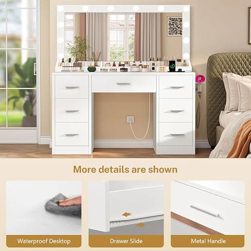 FIONESO Vanity with Large Mirror and 12 LED Lights, Vanity Desk with 7 Drawers & Hairdryer Holder, Makeup Vanity Desk with Charging Station for Women, Girls, 3 Lighting Color Adjustable, White thumbnail 7