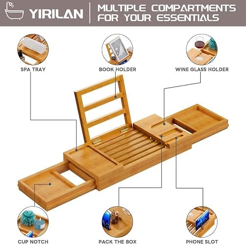 Yirilan Bamboo Bathtub Tray, Expandable Bath Tray for Tub, Bathroom Trays for Bathtub, Bathtub Caddy, Gift for Loved Ones (Bamboo) thumbnail 4