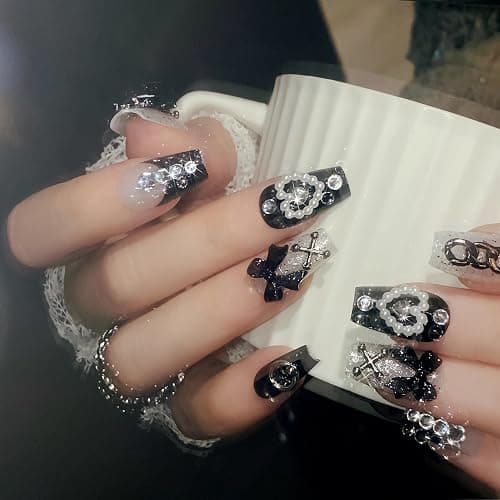 BABALAL Black Press on False Nails Medium Coffin Fake Nails Goth French Tip Glue ons Acrylic Nails Cute Bow Anime Heart Charm Design 24Pcs kawaii Luxury Bling Ballerina Manicure DIY thumbnail 3