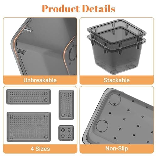 SpaceHacks 15 PCS Clear Plastic Drawer Organizer Set, 4-Size Acrylic Drawer Storage Trays, Storage Bins for Makeup, Gadgets, and Jewelry in Bathroom, Bedroom and Office, Clear Black thumbnail 4