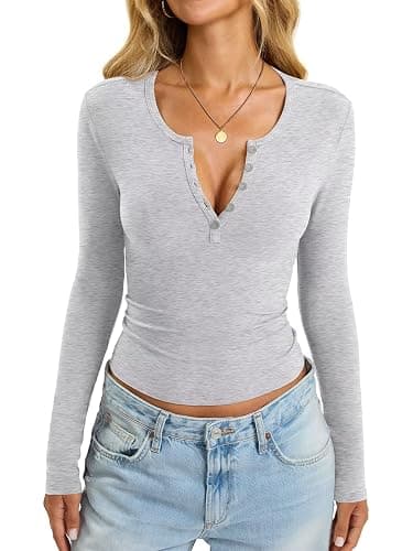 EasyGala Womens Cotton Long Sleeve Shirts V Neck Henley Tops Slim Fit Basic Going Out Tshirts Fall Fashion Outfits 2025 thumbnail 2