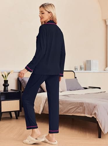 Ekouaer Pajamas Women's Long Sleeve Sleepwear Soft Button Down Loungewear Pjs Lounge Set Nightwear XS-XXL thumbnail 3