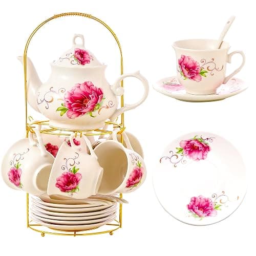 20-Pieces Tea Set For Adult with Golden Metal Rack,Porcelain Tea Sets For Women,Tea Gift Sets for Home&Party(015) - Image 1