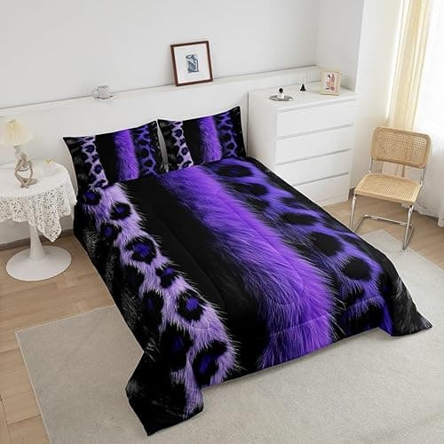 jejeloiu 3D Purple Leopard Bedding Set Queen Size Adult Leopard Comforter Set for Boys Girls Animal Print Duvet Set Wild Animal Fur Quilt Set 3Pcs thumbnail 5