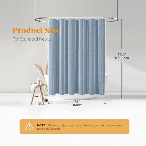 BTTN Boho Farmhouse Shower Curtain, Linen Rustic Weighted Striped Fabric Shower Curtain Set with Tassel, Water Repellent, Bohemian Vintage Country Cloth Shower Curtains for Bathroom, Blue, 72x72 thumbnail 2