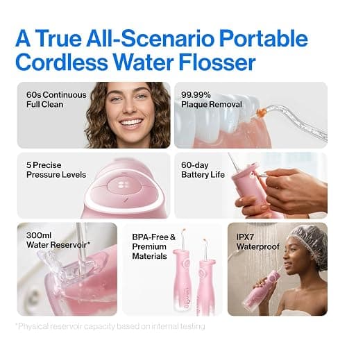 usmile C30 Cordless Water Flosser, 300ml Large Tank, 5 Pressure Levels Deep Clean, S-Shaped Nozzles for Braces & Sensitive Gums, USB-C Rechargeable, IPX7 Waterproof, Portable Travel & Home Use(Pink) thumbnail 2