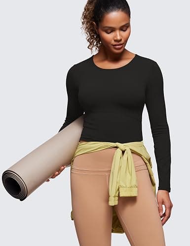 CRZ YOGA Butterluxe Scoop Neck Long Sleeve Shirts for Women - Workout Athletic Casual Tops Crop Slim Basic Tight Shirt thumbnail 4