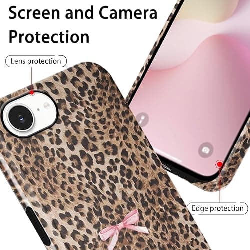 Aoldimu Cute Bow Cheetah Print Phone Case for iPhone 16e/iPhone 17e 6.1", Aesthetic Brown Leopard Pattern Design Cover for Women Girls, Anti Scratch Shockproof 2-in-1 Cover for iPhone 16e/iPhone 17e thumbnail 3