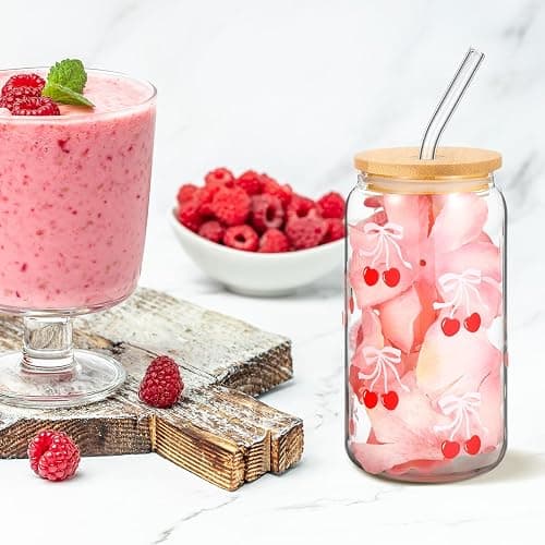 Skylety Set of 2 Coquette Bow Glass Cup 16oz Pink Bow Glass Cup with Lids and Straws Reusable Pink Bow Silicone Straw Toppers Lids Protectors 2 Brush for Drinking Coffee Tea Cocktail (Cherry Bow) - Pink - Cherry Bow thumbnail 2