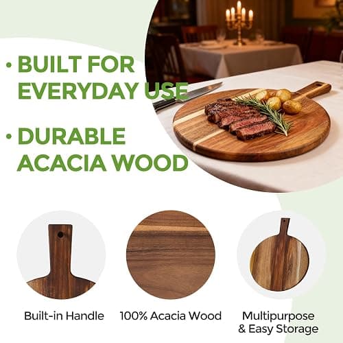 S310 Acacia Wood Round Cutting Board with Handle, Wooden Chopping Board for Meat, Cheese, Bread & Vegetables, Decorative Charcuterie Serving Board for Kitchen Cooking, Pizza & Party Dining, 17"x13" thumbnail 5