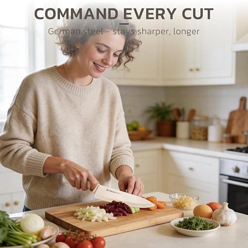 Astercook Knife Set, 15 Pieces Kitchen Knife Set with Sharpener Block, German Stainless Steel Knives Set with Anti-Rust Coating, Dishwasher Safe Elegant Cream White Knife Block Sets, Valentine's Gift thumbnail 2