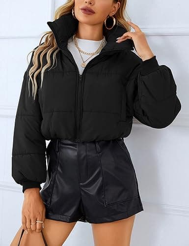 Lumister Womens Lightweight Quilted Jacket Long Sleeve Stand Collar Zipper Cropped Puffer Jacket Coat thumbnail 2