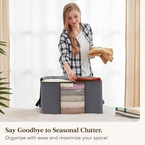 Lifewit Clothes Storage Bag, Fabric Closet Organizers, Foldable Moving Bags with Reinforced Handle, Sturdy Zipper, Clear Window, for Clothing, Blankets, Grey, 3 Pack thumbnail 8