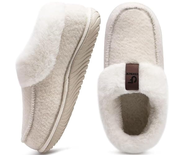 COFACE Women's Memory Foam House Slippers Arch Support Moccasin Winter Shoes Ladies Warm Fuzzy Faux Fur Collar With Indoor Outdoor Rubber Sole - Image 1