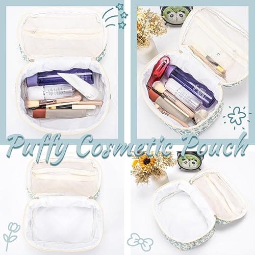 Cotton Makeup Bag Floral Quilted Cosmetic Pouch Large Capacity Flap Handheld Travel Cosmetic Bag Kawaii Coquette Aesthetic Floral Toiletry Bag for Women Girls (Blue) thumbnail 5