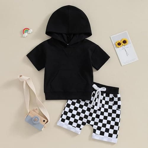 Toddler Baby Boy Summer Outfit Short Sleeve Hooded Stripes Top Casual Shorts Set Infant Newborn Clothes 6 12 18 24 Month thumbnail 2