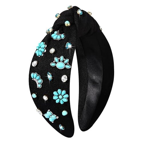 PHALIN Western Headbands for Women Jeweled Rhinestone Crystal Knotted Headbands Embellished Cowboy Boot Hat Cow Head Hairbands Turquoise Western Nashville Rodeo Music Concert Accessories (Style F) - Image 1
