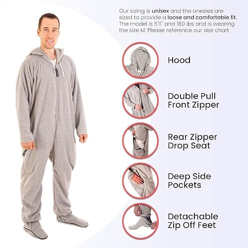 Forever Lazy Footed Adult Onesies, One-Piece Pajama Jumpsuits for Men and Women, Unisex. with Detachable Feet. thumbnail 5