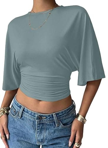 LOLONG Womens Crew Neck Half Sleeve Ruched Shirts Summer 2026 Casual Cinched Waist Crop Tops - Image 1